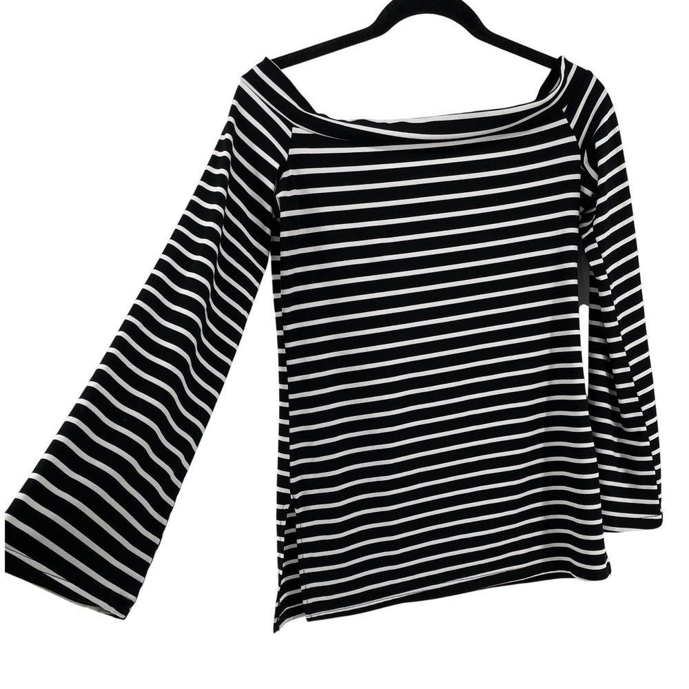 Off‎ Shoulder Top Womens Medium Black White Bell Sleeve French Country Nautical